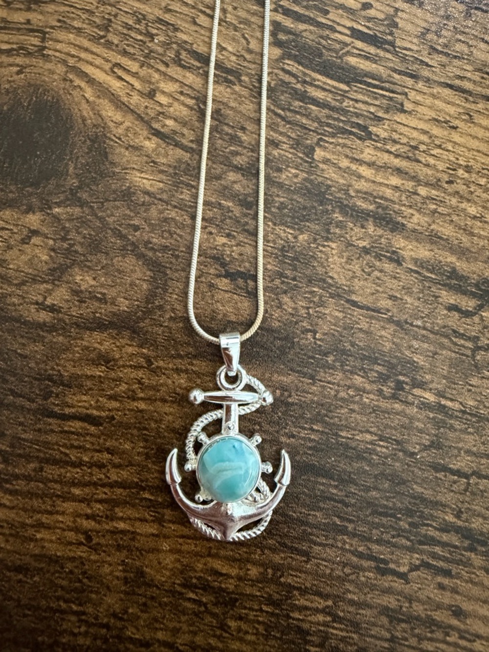 Silver Anchor Pendant Necklace with Blue Stone